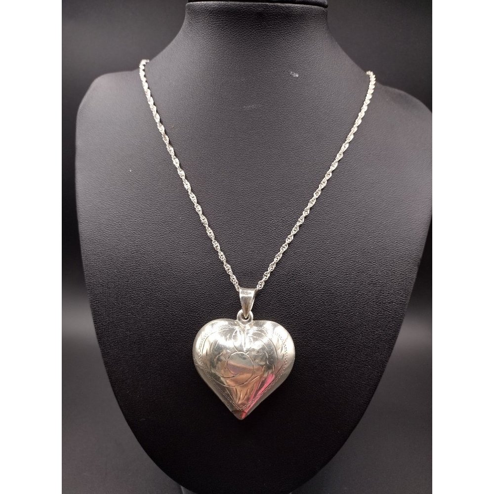 Sterling Silver Etched Bubble 3D Heart Pendant Necklace 24"